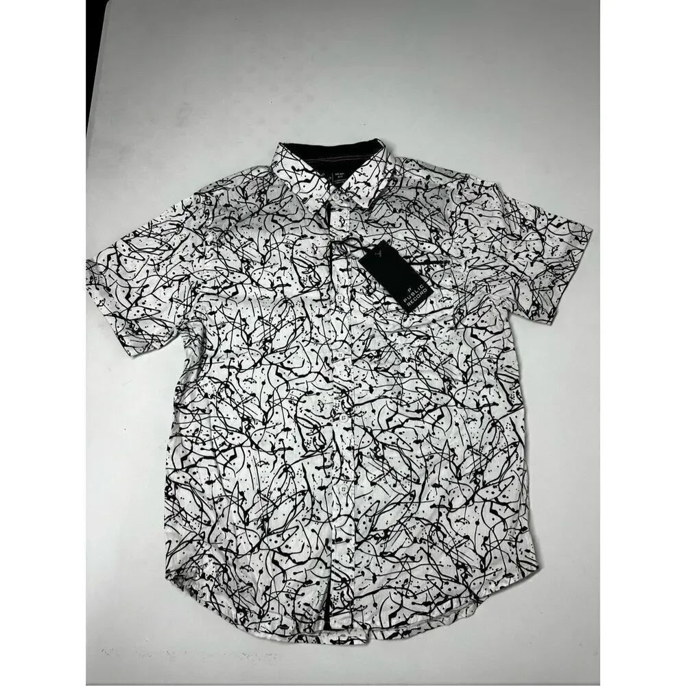 NWT Public Record Big Boys Buttoned Short Sleeve White Black Cotton Shirt Sz 8/S